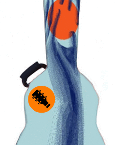 funda de guitarra con diseño de manos azul oscuro y círculo naranja sobre fondo azul celeste